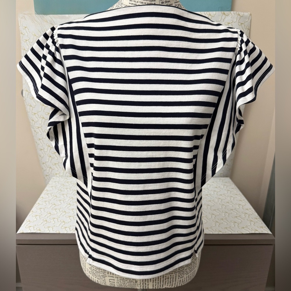 Woman’s Free Assembly Navy Blue & White Boat Neck Flutter Sleeve Top T Shirt S